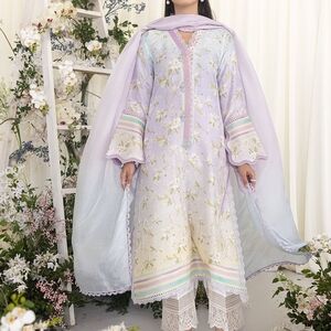 Elegant Floral Embroidered Dress with Shawl